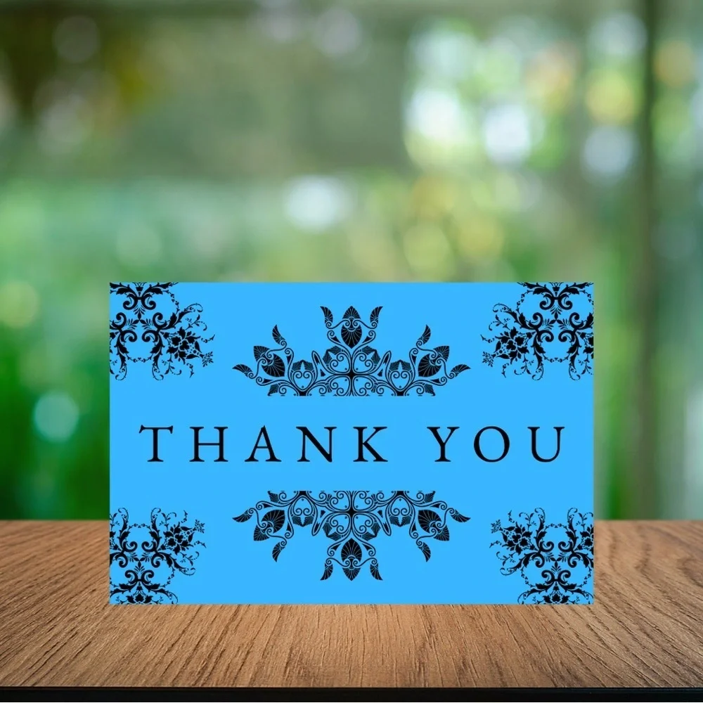 Set of 10 Elegant Blue and Black Thank You Cards